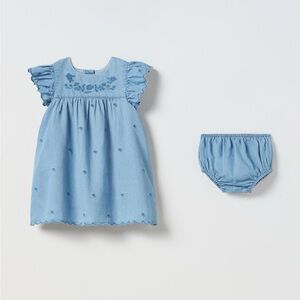 NWT Zara 12-18m scalloped floral embroidered denim dress set with bloomer bottom